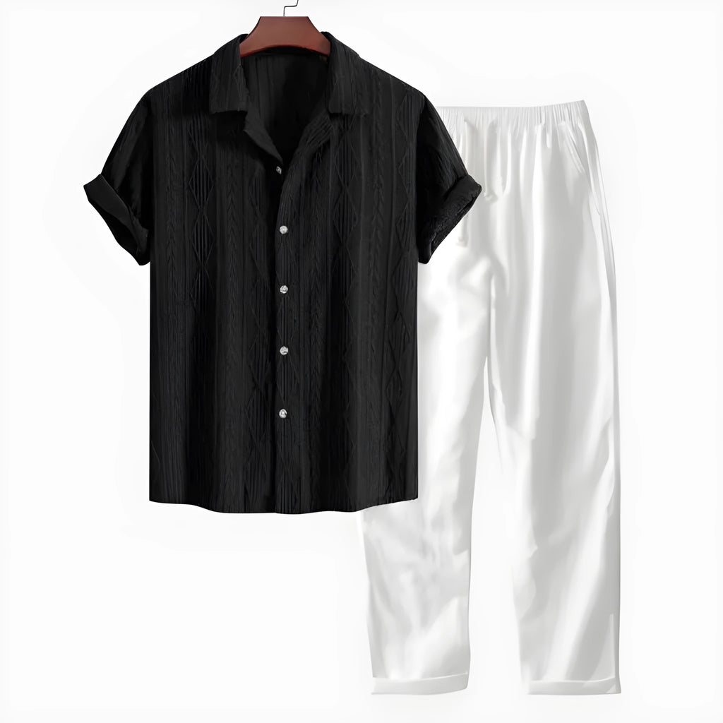 Men's slim fit camouflage print casual suit with short sleeve shirt and trousers.