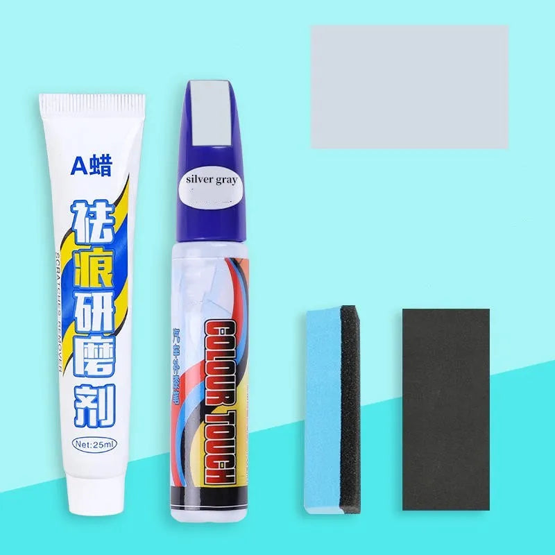 Automotive paint repair pen and scratch removal fluid 4-piece set for car touch-ups.