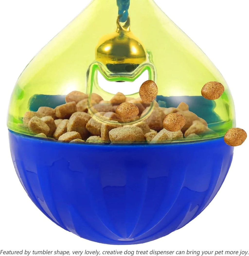 Blue and white tumbler-shaped interactive pet treat dispenser ball for dogs and cats