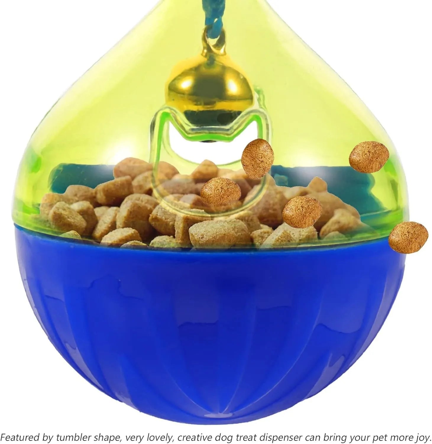 Blue and white tumbler-shaped interactive pet treat dispenser ball for dogs and cats