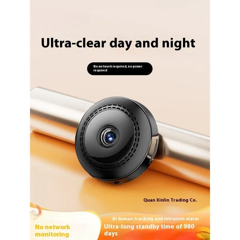 Wireless WiFi security monitor with 360-degree rotation showing black circular design