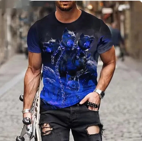 Men's grey T-shirt featuring a large, detailed 3D printed fierce lion graphic on the chest.