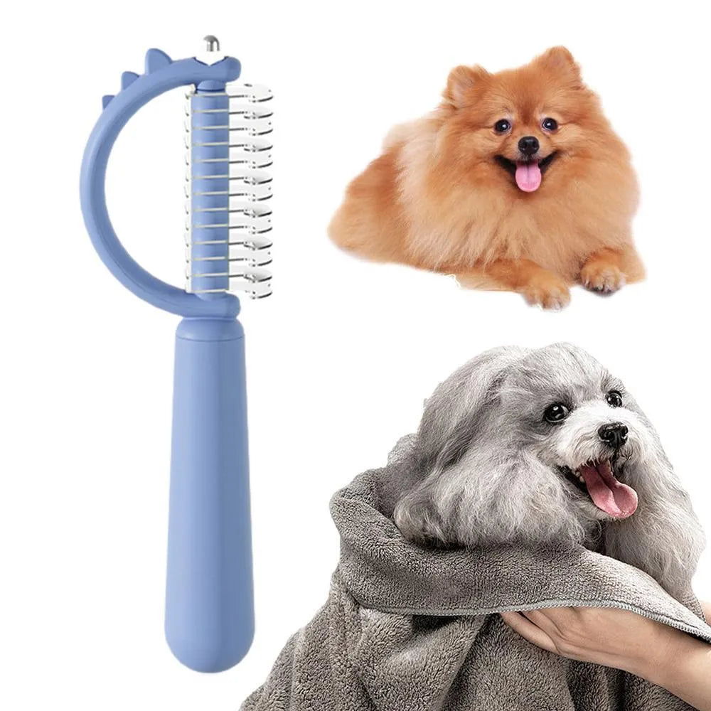 Blue dinosaur-shaped self-cleaning cat brush with stainless steel bristles on a white background.