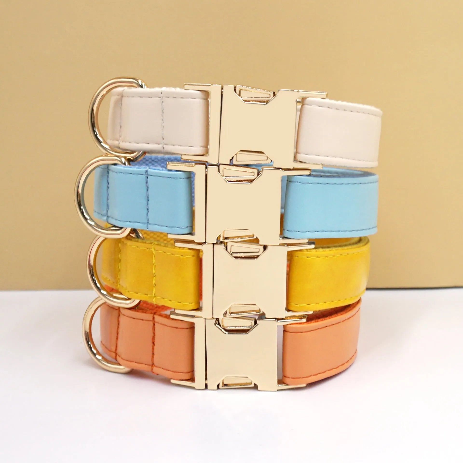 Simple colour block leather dog collar shown on a D-ring, available in multiple colours and sizes from XS to XL.