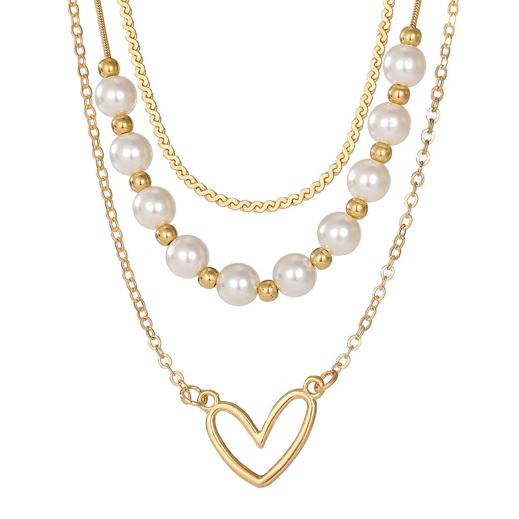 Vintage gold heart necklace with pearl chain, adjustable 41-50cm length