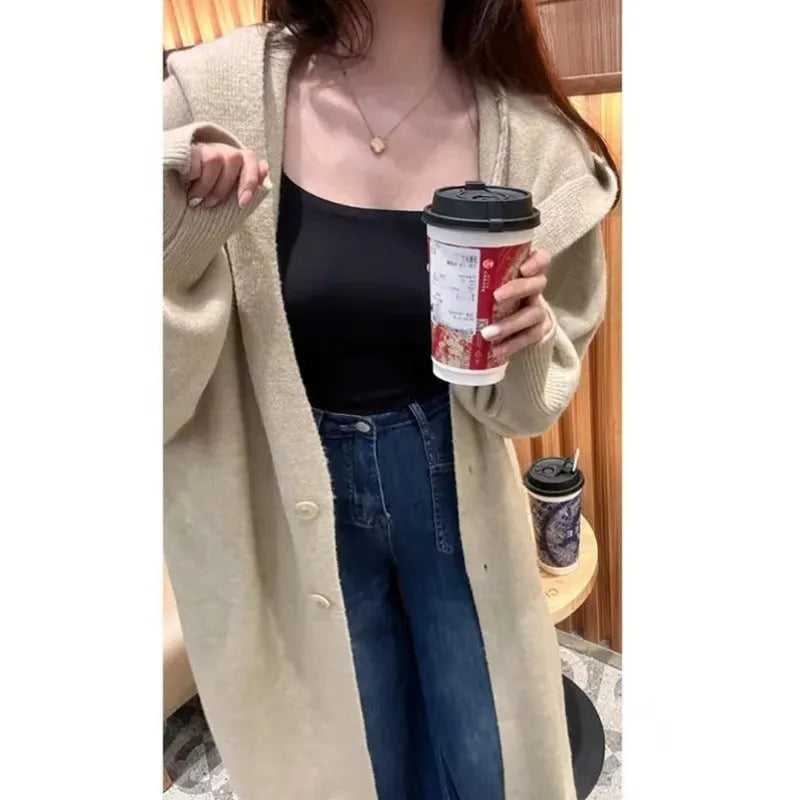 Women's longline knitted hooded cardigan in brown, loose fit Korean casual style.