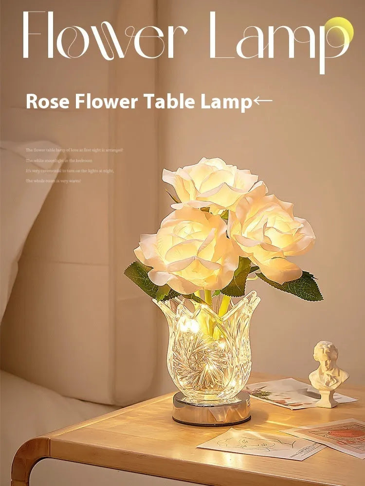 Modern Crystal Flowers rechargeable touch-control dimmable bedside table lamp with USB cable.