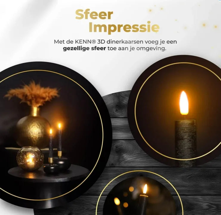 Set of four black S2 3D Flame LED taper candles showing realistic flickering light.