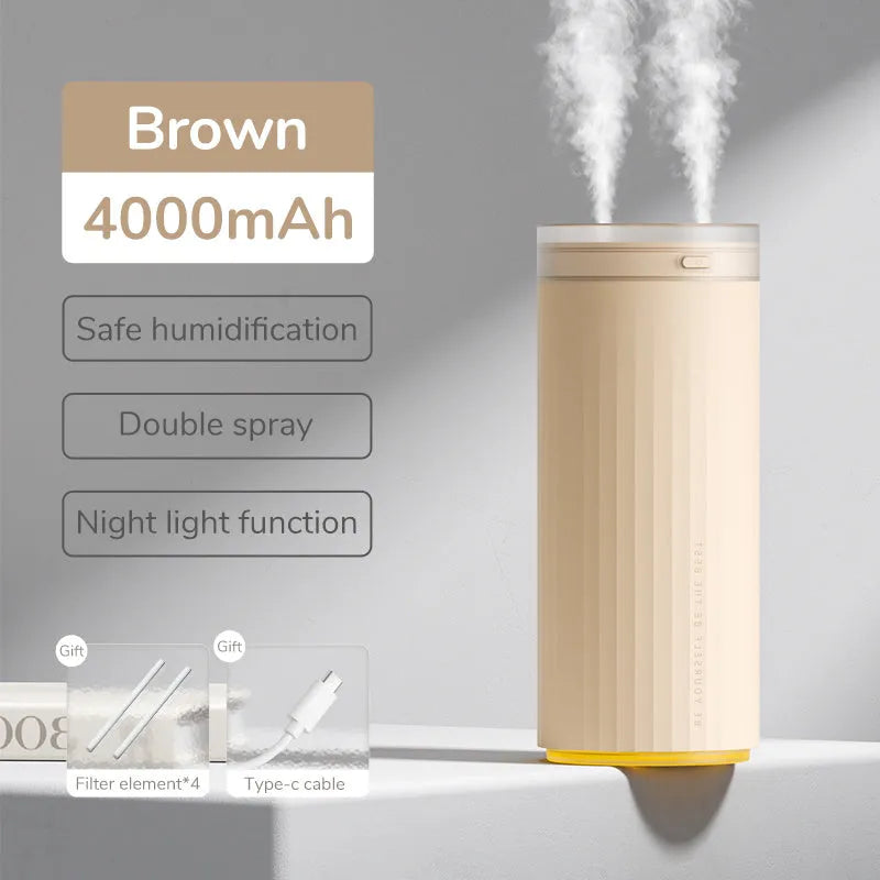 500ml small humidifier with night light in Earth Brown, Coral Pink, or White, USB and car powered for desk or vehicle use.
