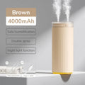 500ml small humidifier with night light in Earth Brown, Coral Pink, or White, USB and car powered for desk or vehicle use.