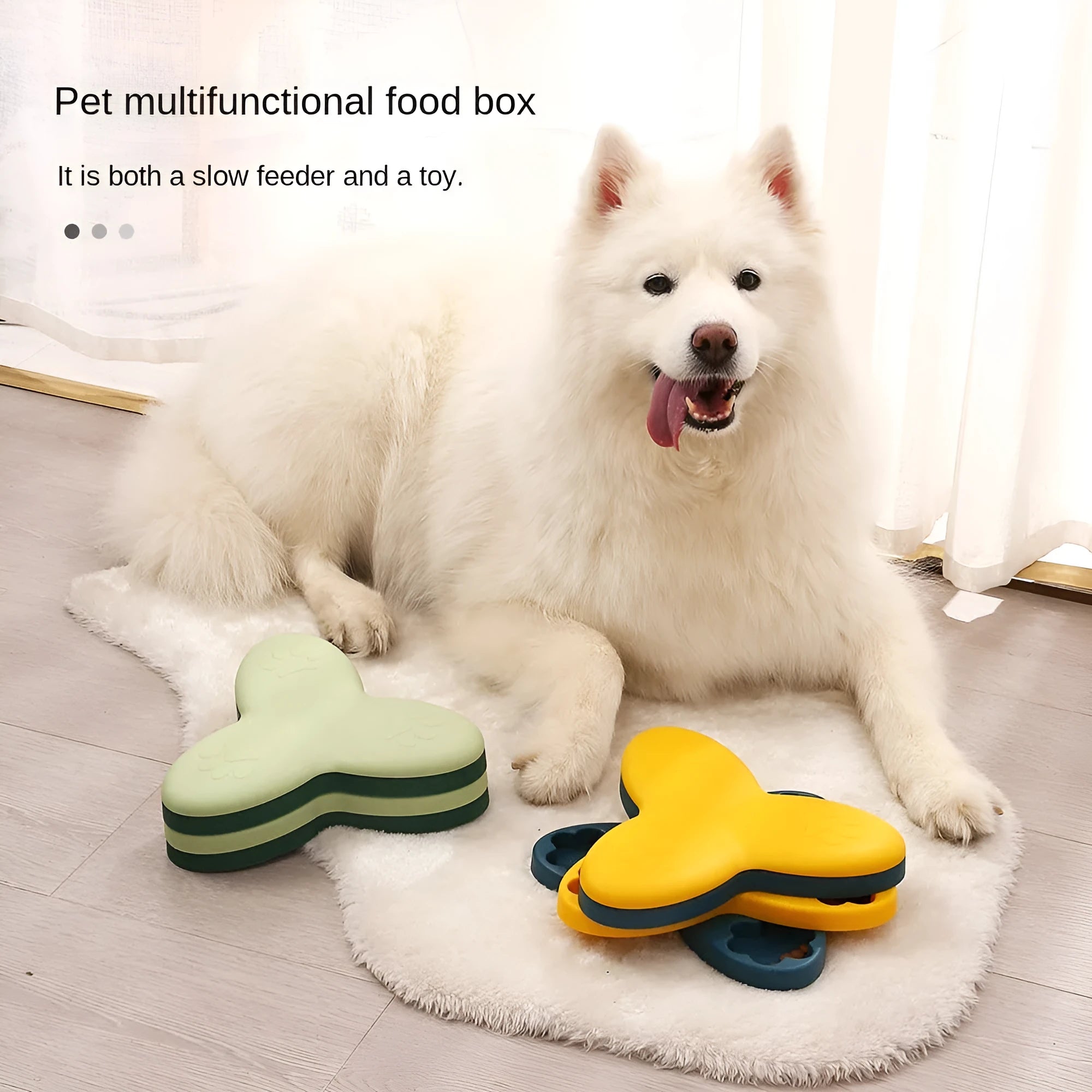 Green and yellow dog puzzle toy with bone-shaped covers and non-slip base.