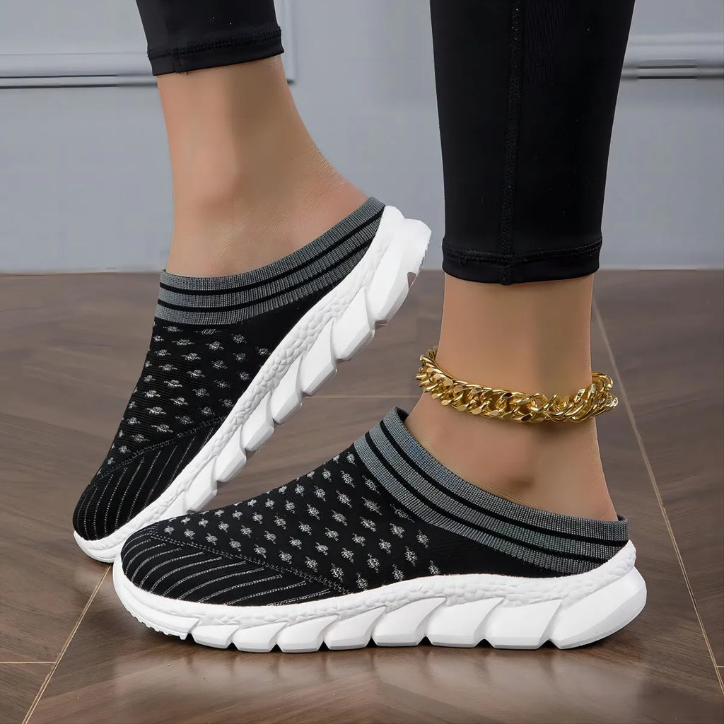 Women's striped Flyknit slipper shoes with hollowed-out design in black, pink and purple colour options