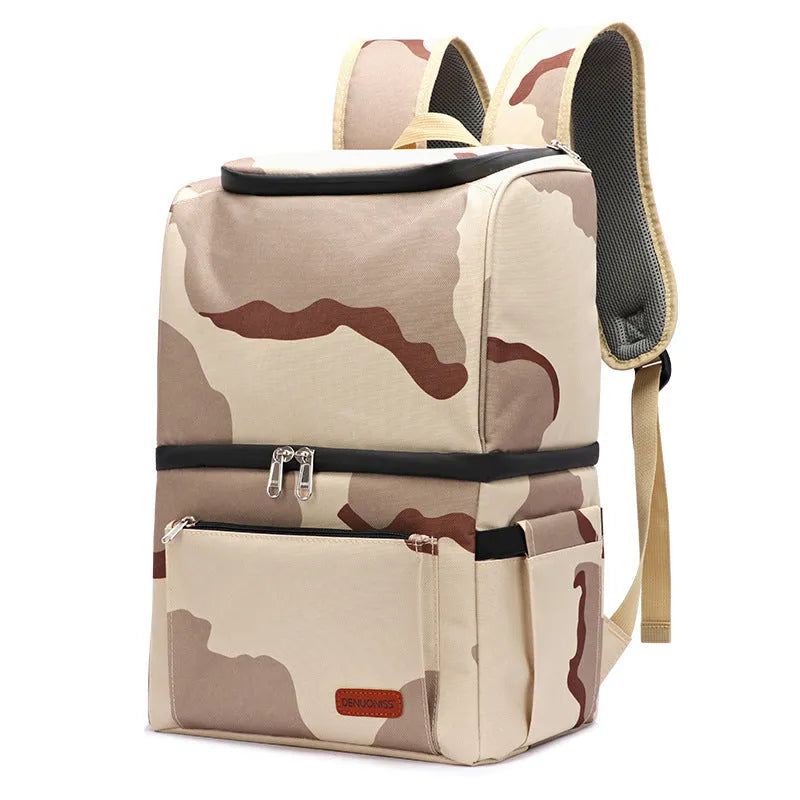 Blue insulated waterproof picnic backpack with 22L capacity and ice pack compartments
