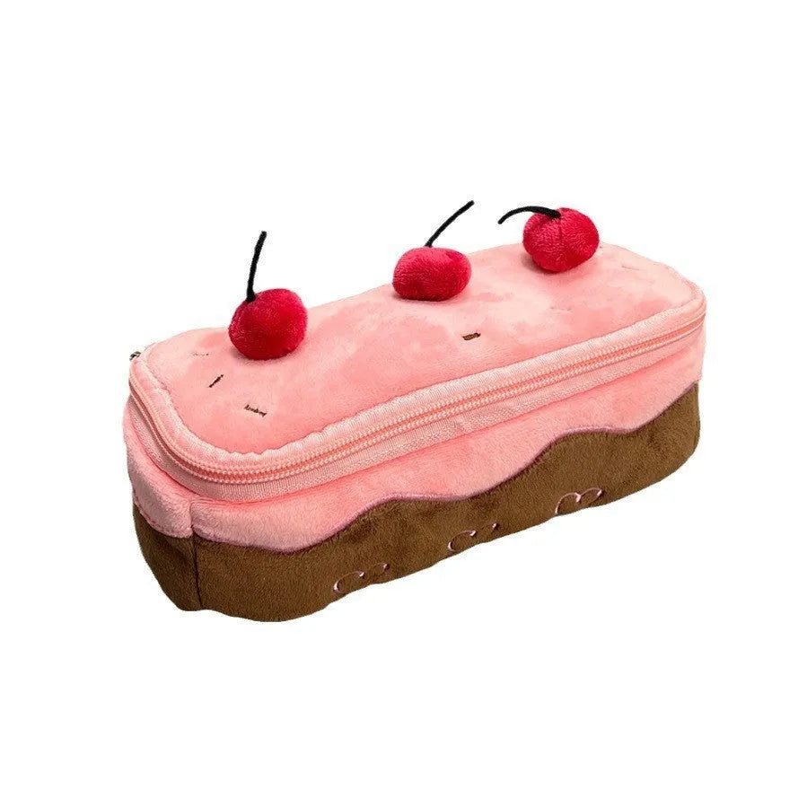 Korean style velvet pencil case with red and pink cherry cake plush design.
