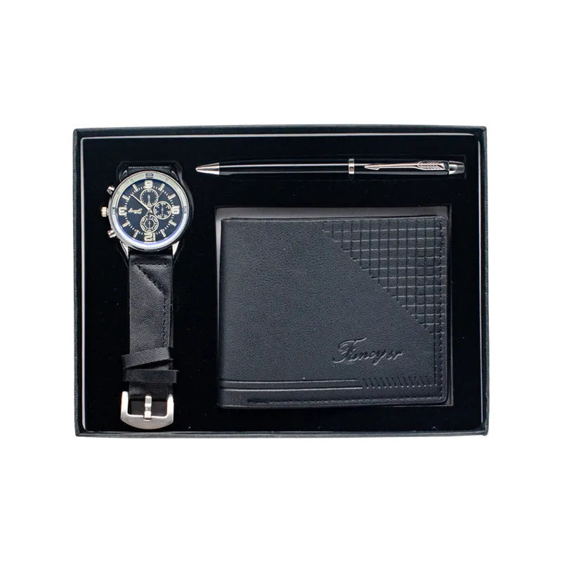 Four-piece gift set containing watch, wallet, and pen in modern presentation box