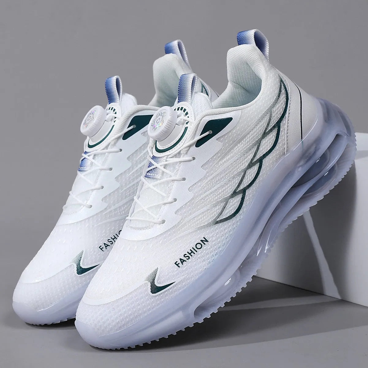 White low-top casual running shoes with mesh upper and rubber sole on solid background