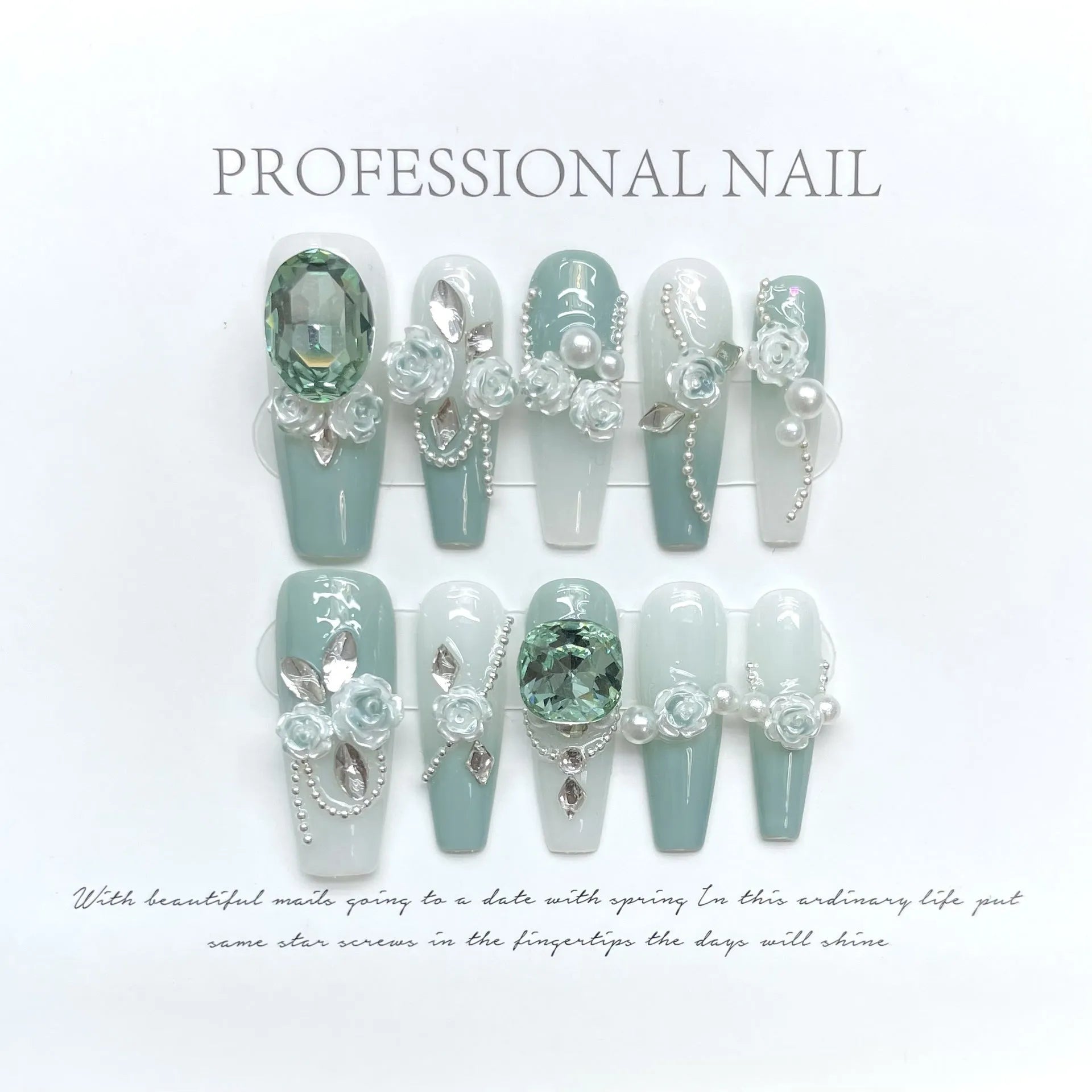 Plastic nail art decoration set with Camellia colour gradient chain, diamond pattern, bow and butterfly designs in sizes XS S M L