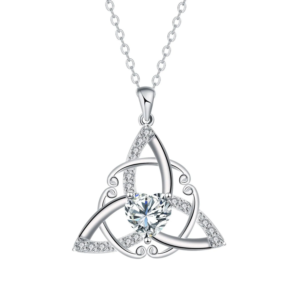 Sterling silver plated Celtic knot necklace for women with geometric pendant, available in four crystal colours.
