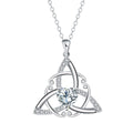 Sterling silver plated Celtic knot necklace for women with geometric pendant, available in four crystal colours.
