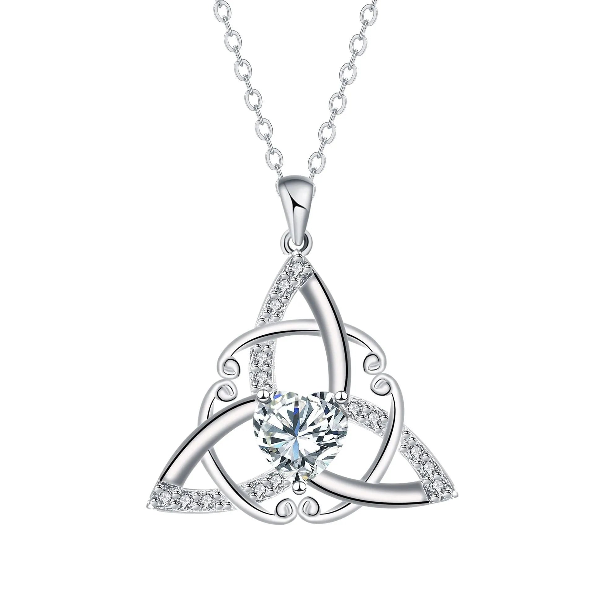 Sterling silver plated Celtic knot necklace for women with geometric pendant, available in four crystal colours.