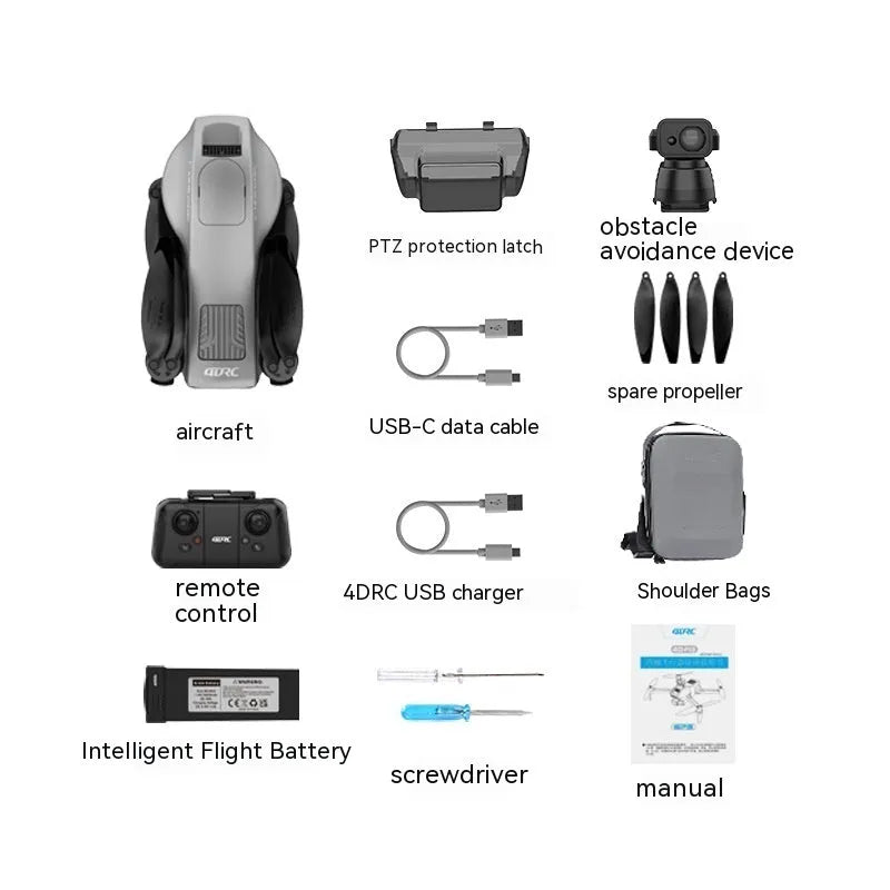 White folding quadcopter drone with camera and obstacle avoidance sensors on a grey background