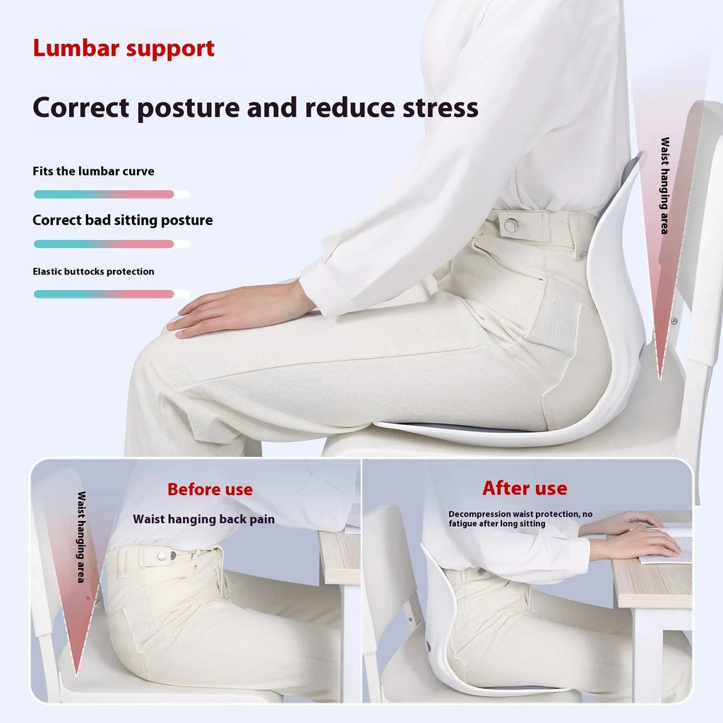 Japanese-style grey and black lumbar support cushion for chairs, showing Classic and Upgraded models.