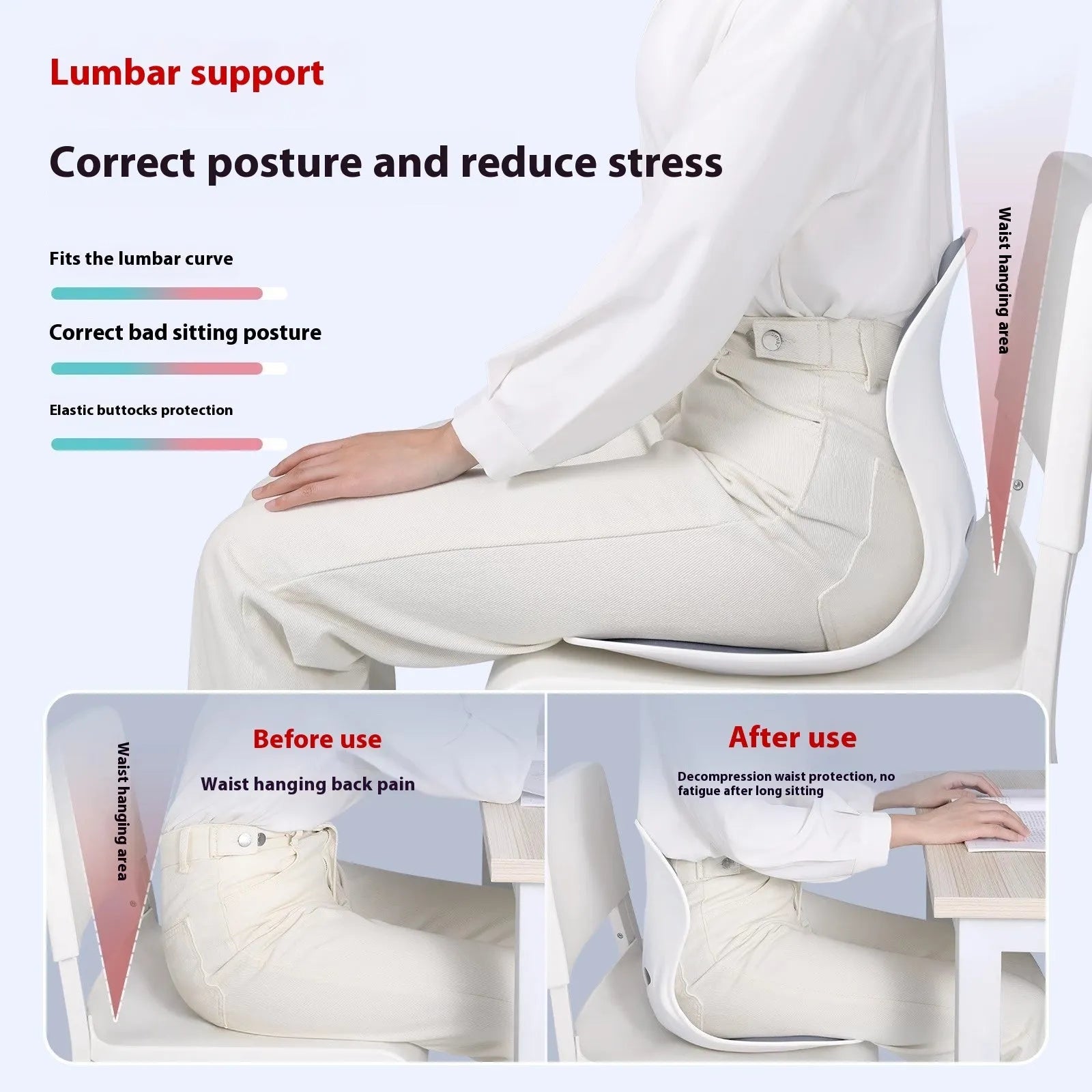 Japanese-style grey and black lumbar support cushion for chairs, showing Classic and Upgraded models.
