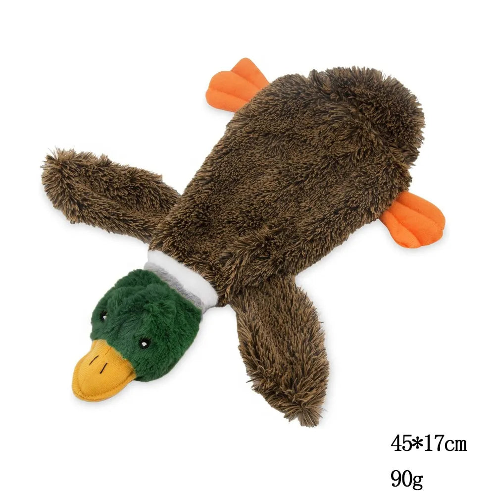 Green wild duck stuffless squeaky dog toy with a fabric loop and soft plush material.