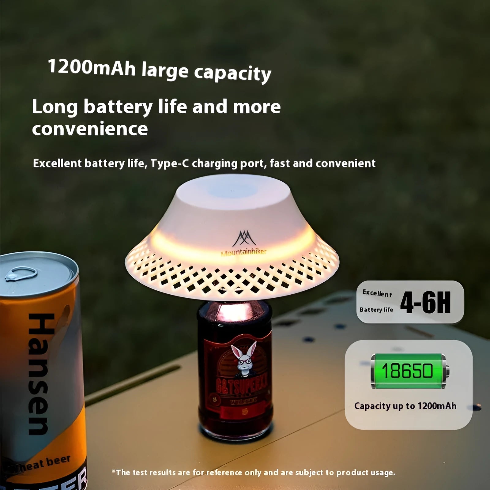 Beige and grey camping lantern with wine bottle-shaped shade showing USB-C port and light modes.