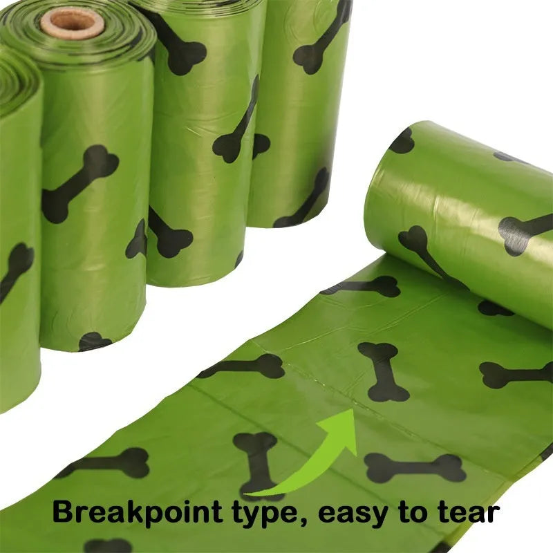 Military green degradable dog waste bags with black bone print measuring 23 by 33 centimetres