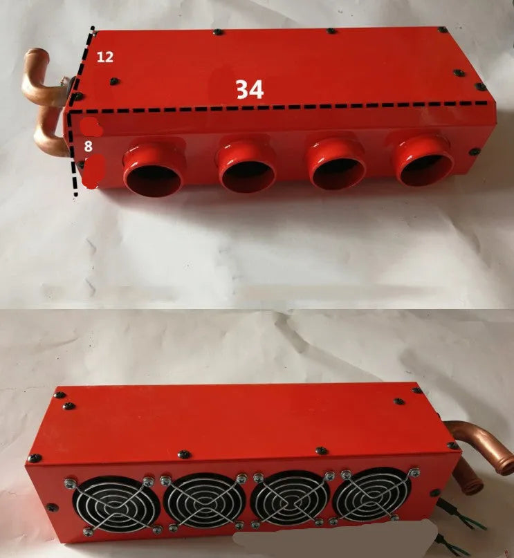 Small metal car heater core unit with copper pipes and electrical connections for 12V 24V installation.