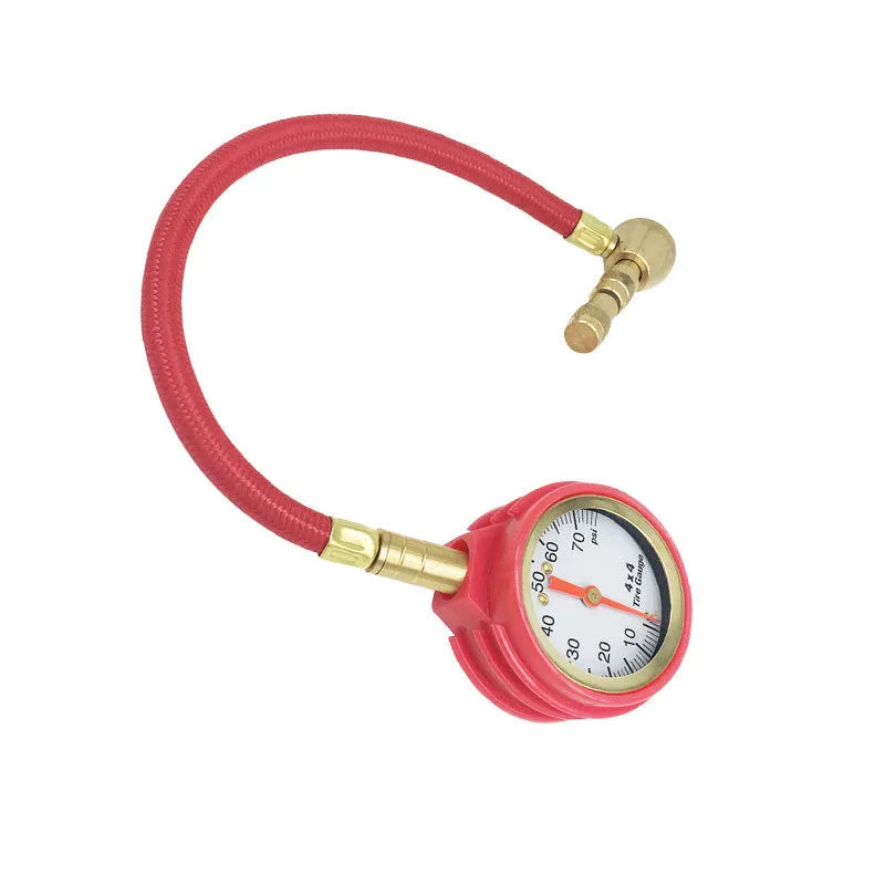 Mechanical tyre pressure gauge with metal body and rubber shell in three colour variants