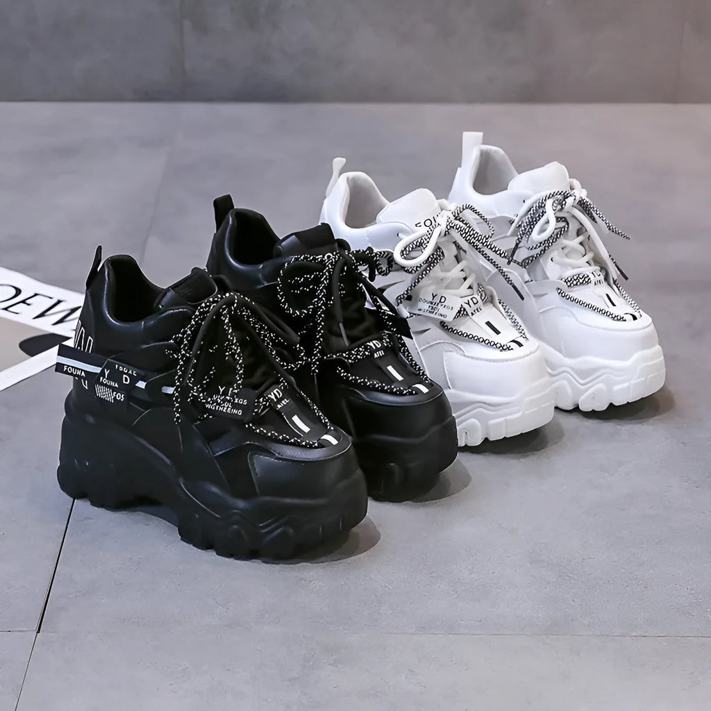 Women's white breathable mesh platform tennis shoes with cross-strap and 6-8cm heel