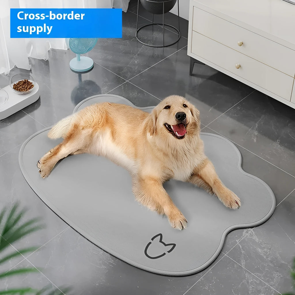Ice silk dog cooling mat with dog head shape in light grey colour on a wooden floor