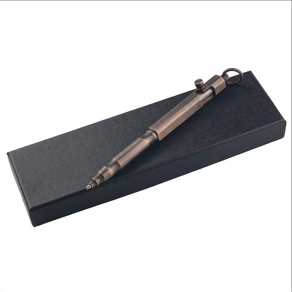 Brass tactical pen with hexagonal bolt design showing natural colour finish and precise machining details