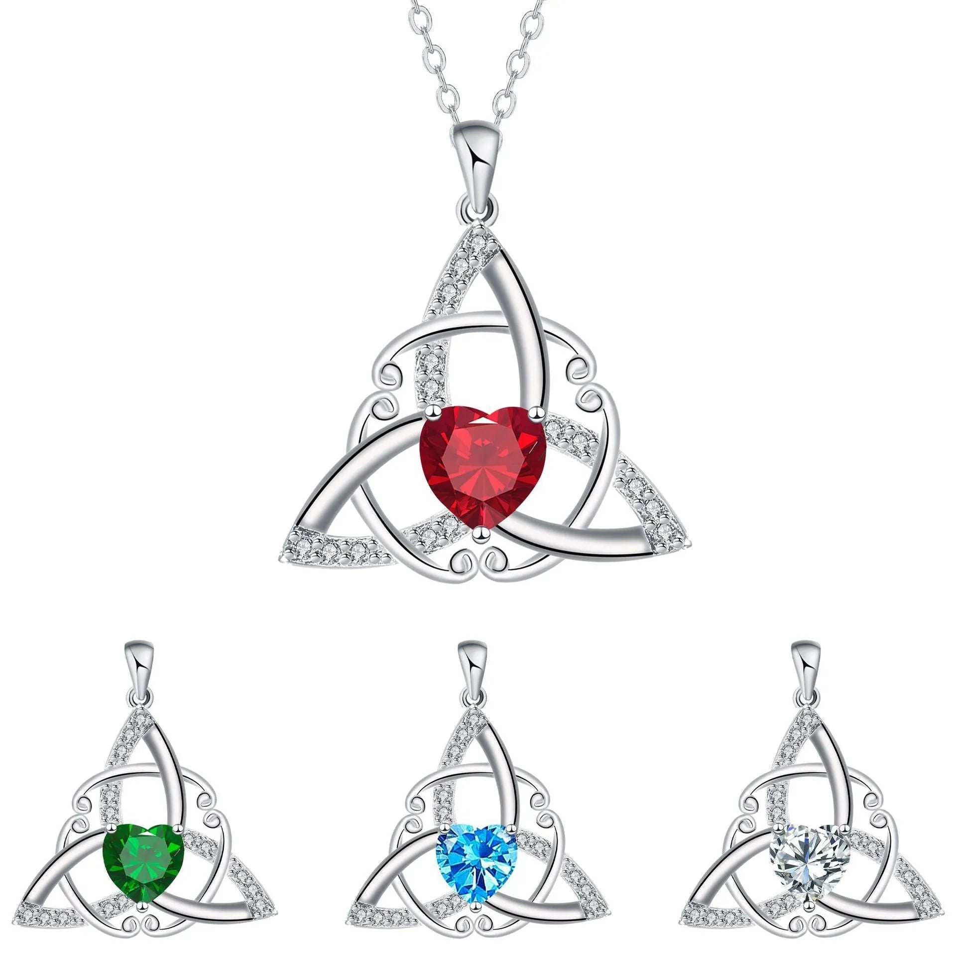 Sterling silver plated Celtic knot necklace for women with geometric pendant, available in four crystal colours.
