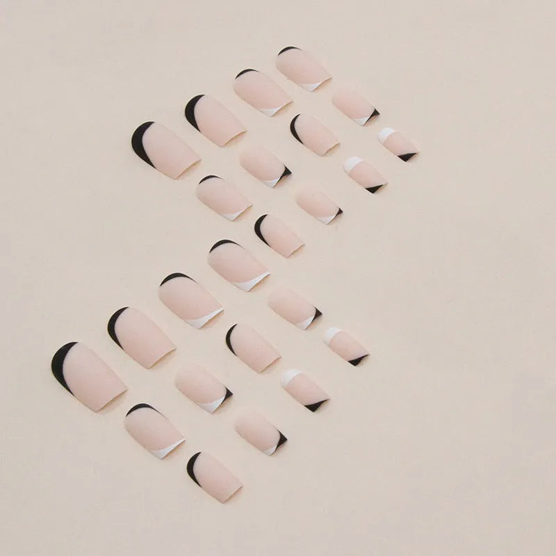 Set of black and white frosted matte press-on nails in W644 colour code for ladies fashion manicure