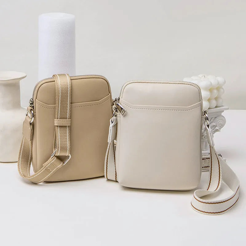 Solid colour PU leather mobile phone crossbody shoulder bag in black, beige, khaki, or green