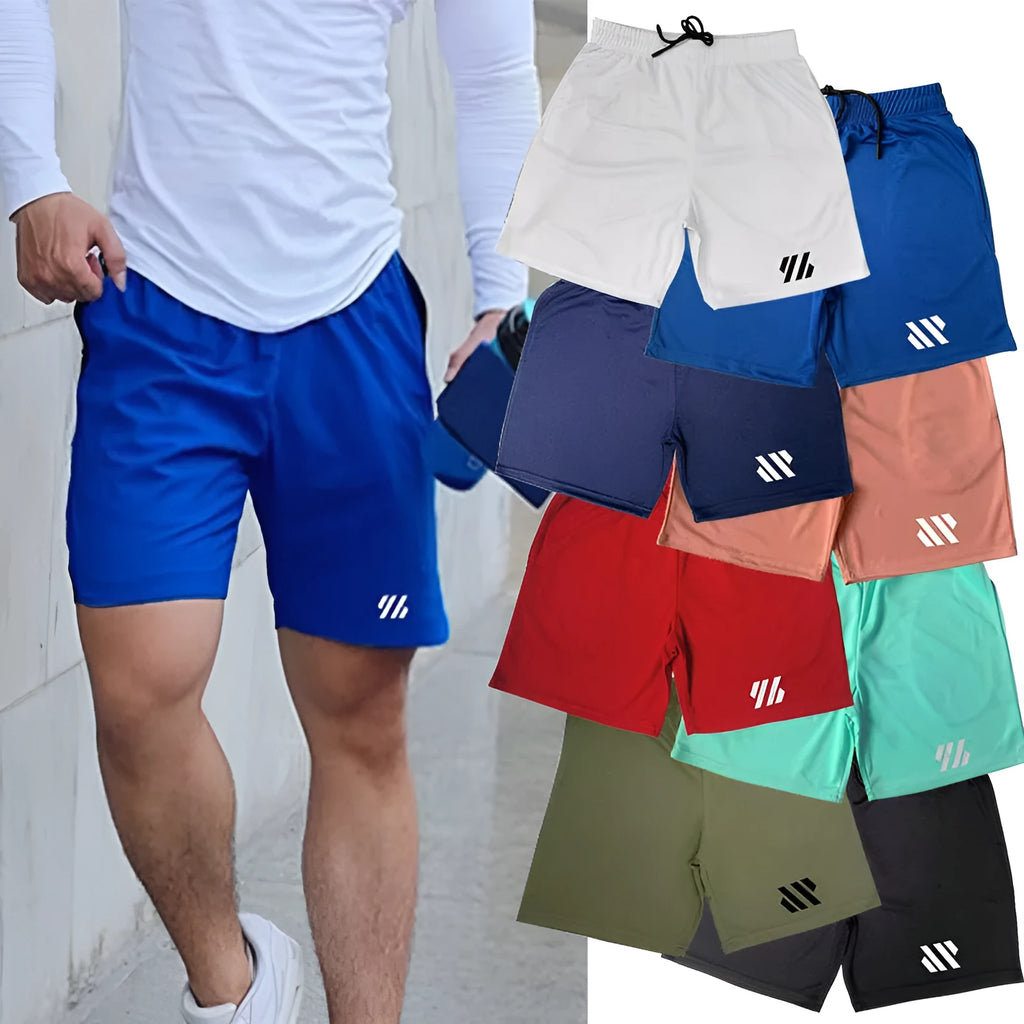 Loose fit metal silk fabric sports shorts for running in multiple colours on a size chart background.