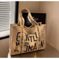 Large canvas tote bag with printing detail in black letters, coloured letters, or pattern style variations