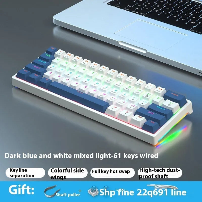 Blue and white 61-key mechanical keyboard with compact layout and hot-swappable switches