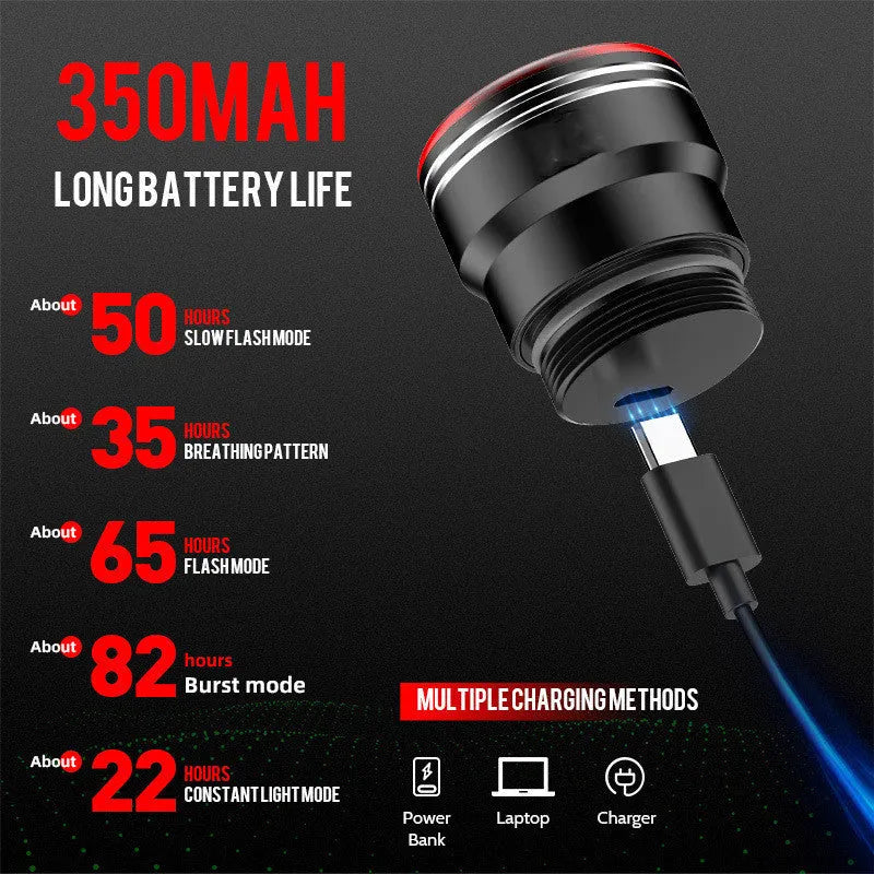 Black aluminium alloy USB charging smart brake sensing bicycle taillight with multiple flash modes.