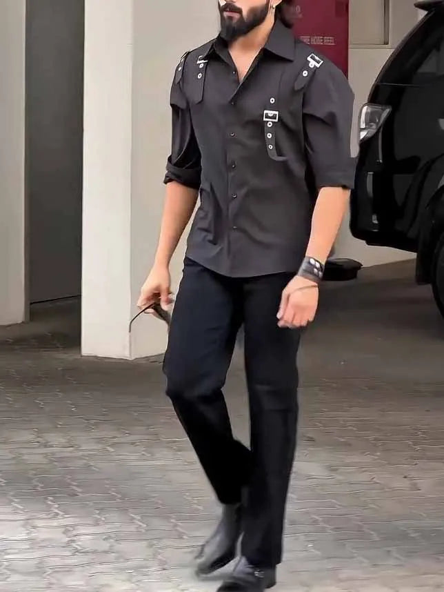 Black men's utility style button-up shirt with regular fit and polyester fabric
