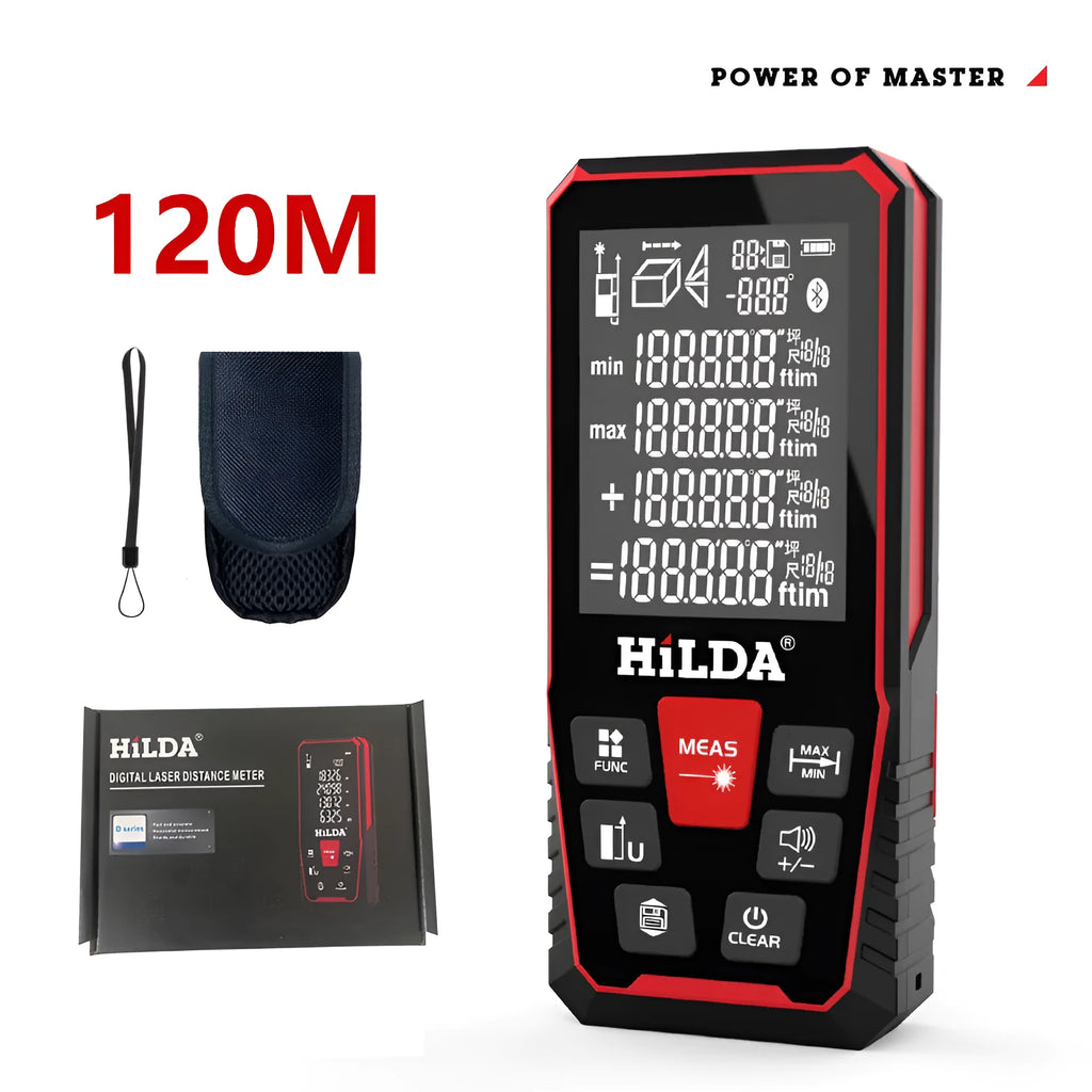 Handheld laser rangefinder for indoor distance measurement, available in 100m or 120m range models.