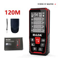 Handheld laser rangefinder for indoor distance measurement, available in 100m or 120m range models.