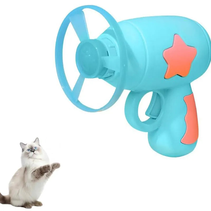 Blue or pink plastic cat toy gun with frisbee, showing compact size for indoor cat play.