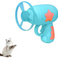Blue or pink plastic cat toy gun with frisbee, showing compact size for indoor cat play.