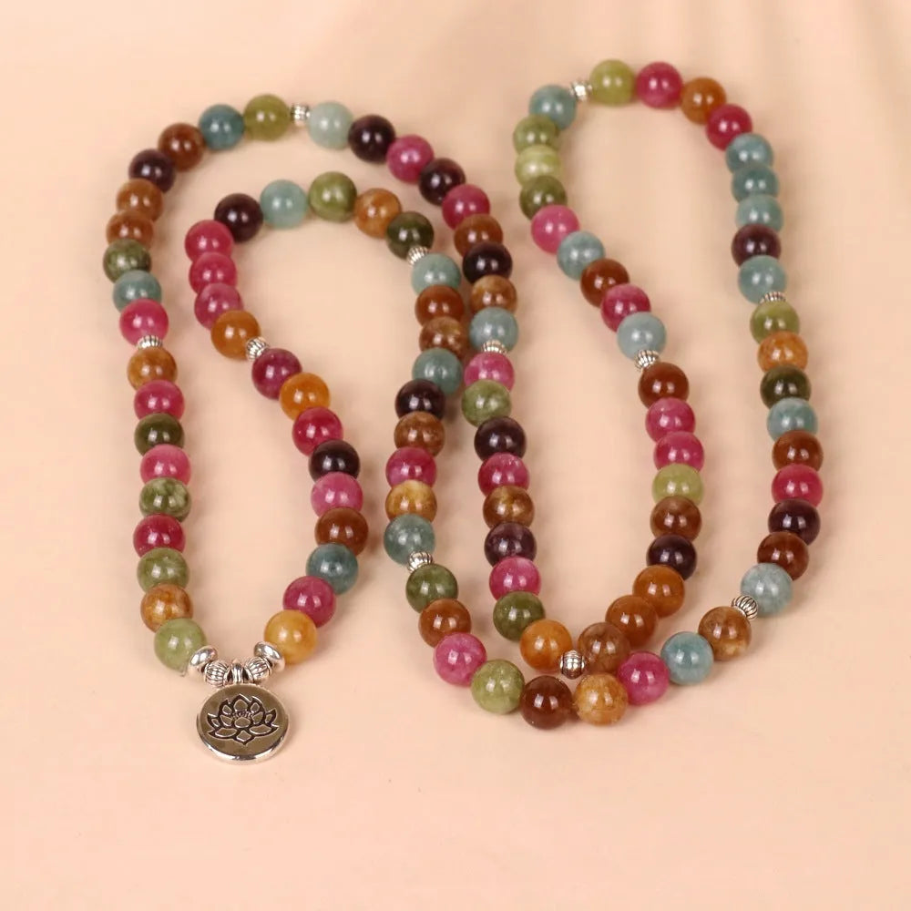 108 bead multi-layer bracelet with hanging lotus design in tourmaline colour