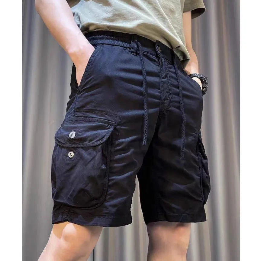 Loose straight multi-pocket casual overalls pants in Korean style with elastic polyester fabric