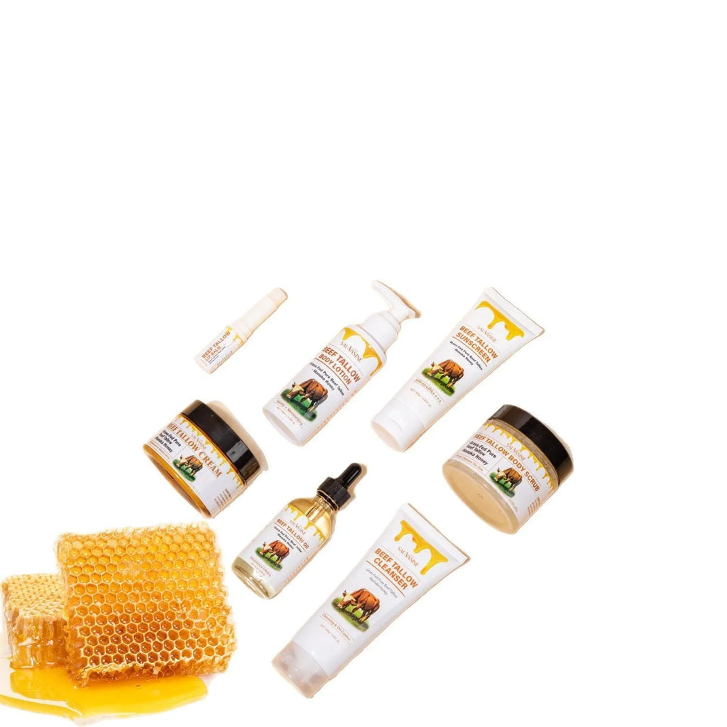 Butter Honey seven-piece facial care set showing cleanser, face cream, lipstick, protective cream, body lotion, facial scrub and beef fat cream